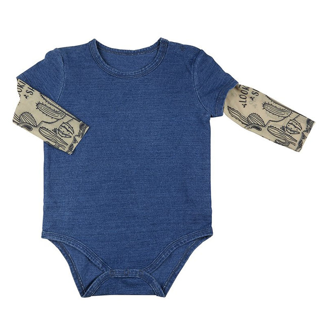 Cactus Tattoo Snapshirt Baby Bodysuit in Blue | Unisex Size 6-12 Months | Funny Full Sleeve Tattoo Infant Shirt by The Bullish Store