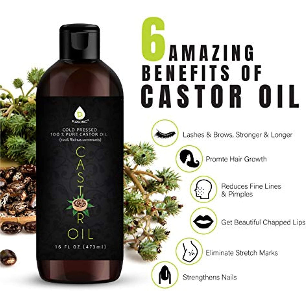 100% Pure Cold Pressed Castor Oil 16 Oz by Pursonic