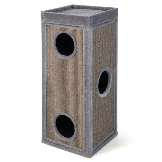 39 Inch Tall Cat Condo with Scratching Posts and 3 Hideaways and 4 Soft Plush Cushions-Gray