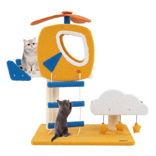 Indoor Small Aviation-themed Cat Tree Cat Tower with Helicopter Top Perch-Yellow