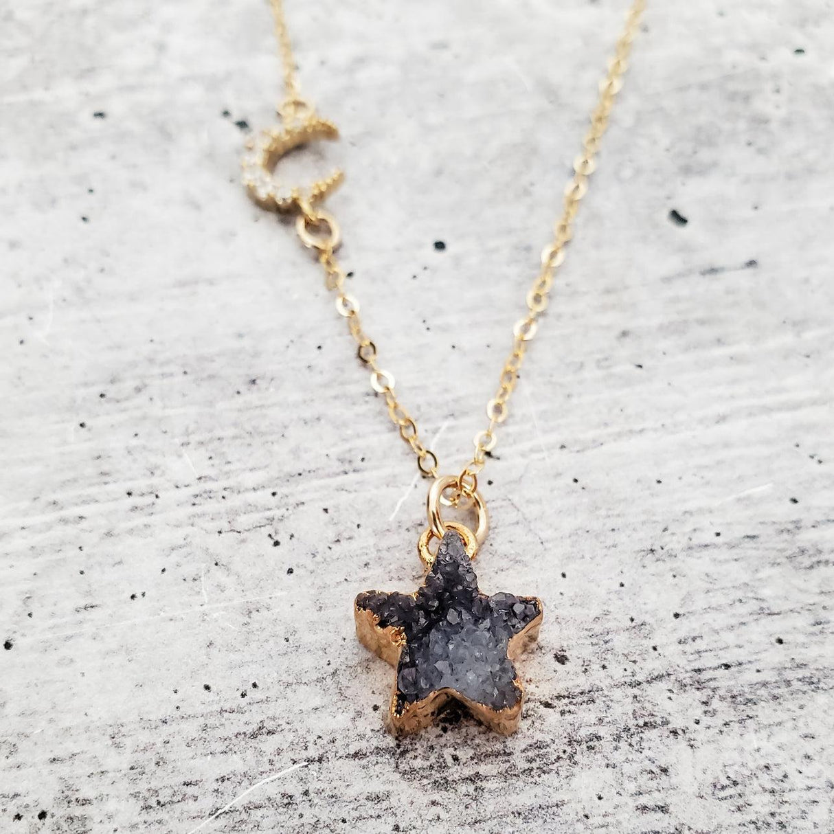 Celestial Moon and Star Druzy Necklace by Salt and Sparkle