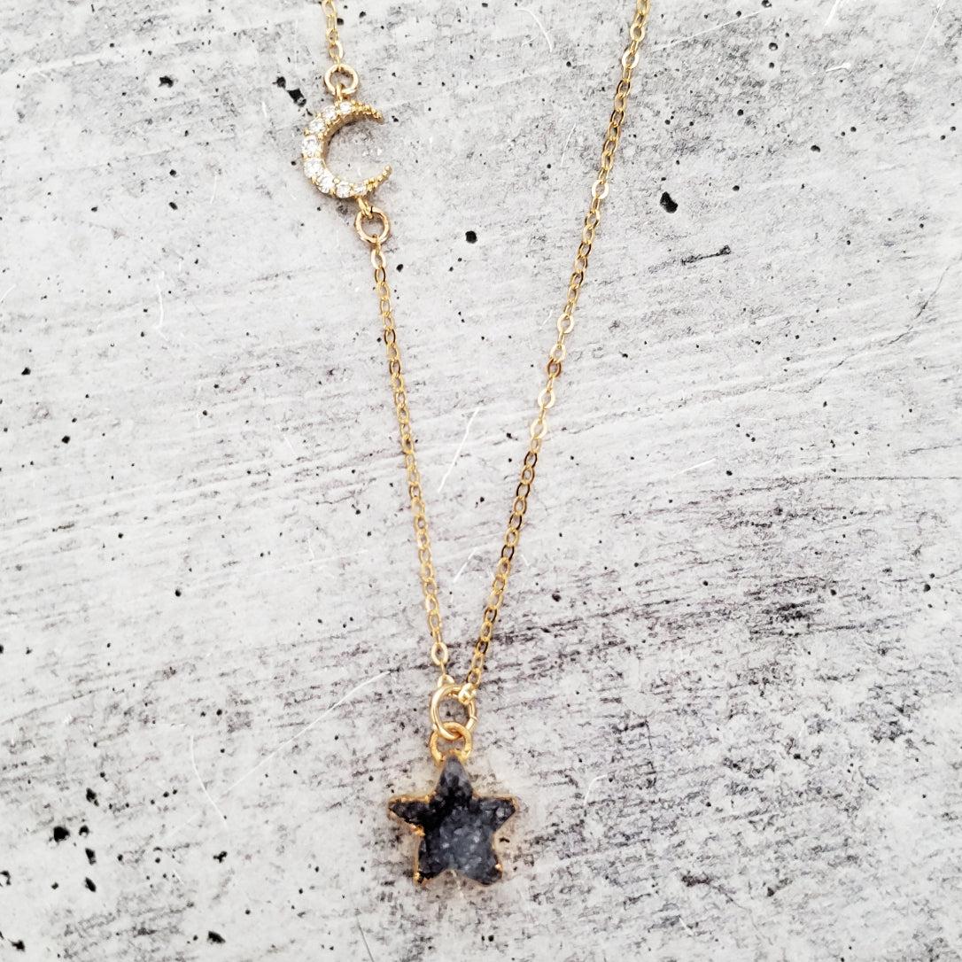 Celestial Moon and Star Druzy Necklace by Salt and Sparkle