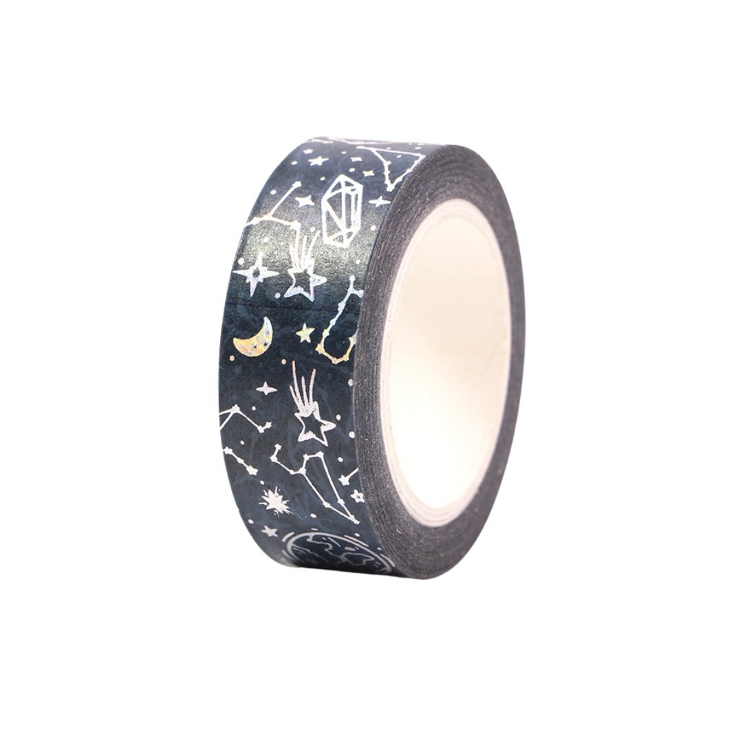 Celestial Silver Washi Tape | Moon and Constellations on Black | Gift Wrapping and Craft Tape by The Bullish Store