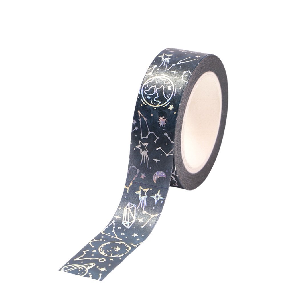 Celestial Silver Washi Tape | Moon and Constellations on Black | Gift Wrapping and Craft Tape by The Bullish Store