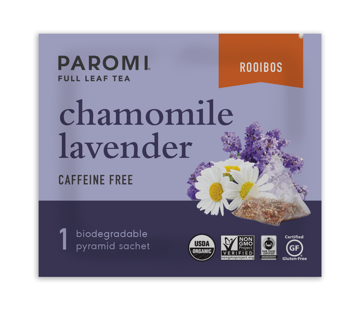 Organic Chamomile Lavender Rooibos Tea, Caffeine Free, in Pyramid Tea Bags by Paromi Tea