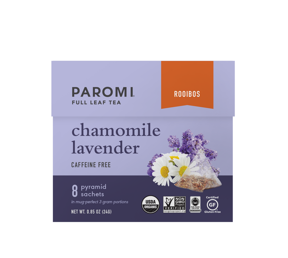 Organic Chamomile Lavender Rooibos Tea, Caffeine Free, in Pyramid Tea Bags by Paromi Tea