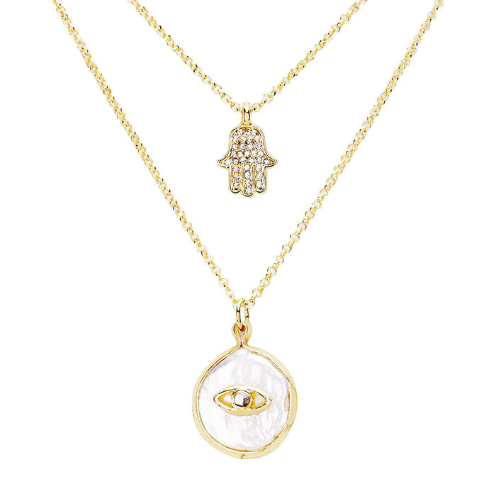 Evil Eye Pendant Rhinestone Hamsa Hands Layered Necklace by Madeline Love