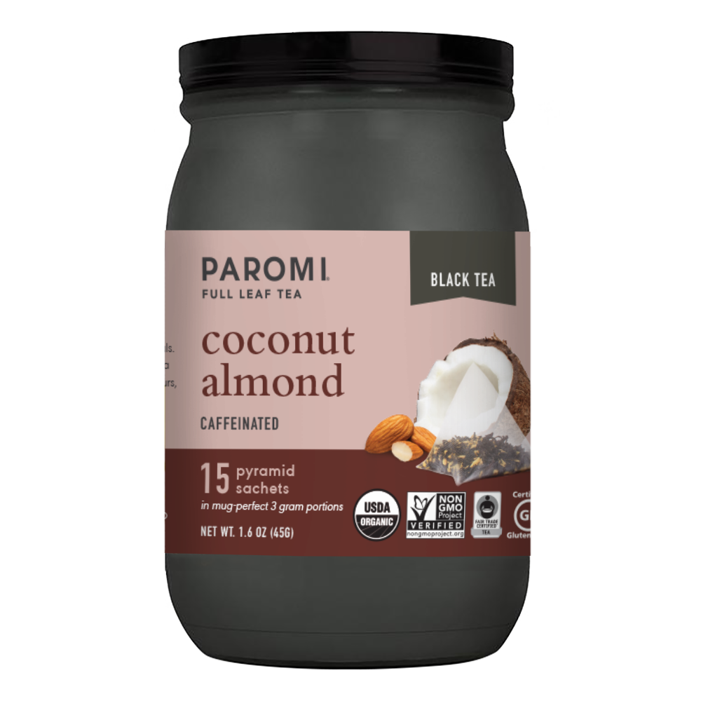 Organic Coconut Almond Black Tea, Full Leaf, in Pyramid Tea Bags by Paromi Tea