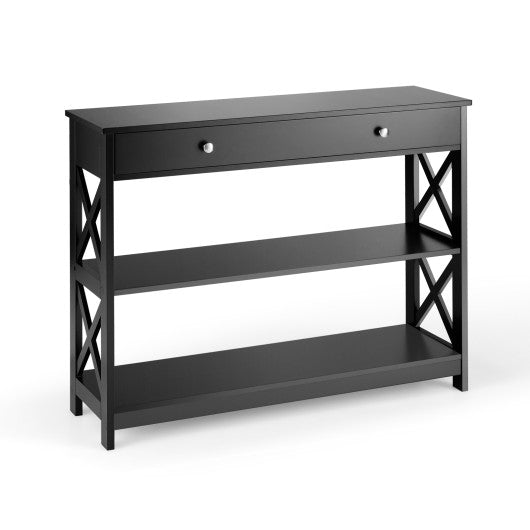 Console Table 3-Tier with Drawer and Storage Shelves-Black