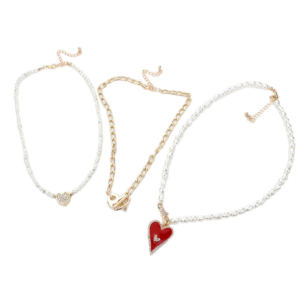 Enamel Rhinestone Embellished Heart Pendant Pearl Necklaces by Madeline Love