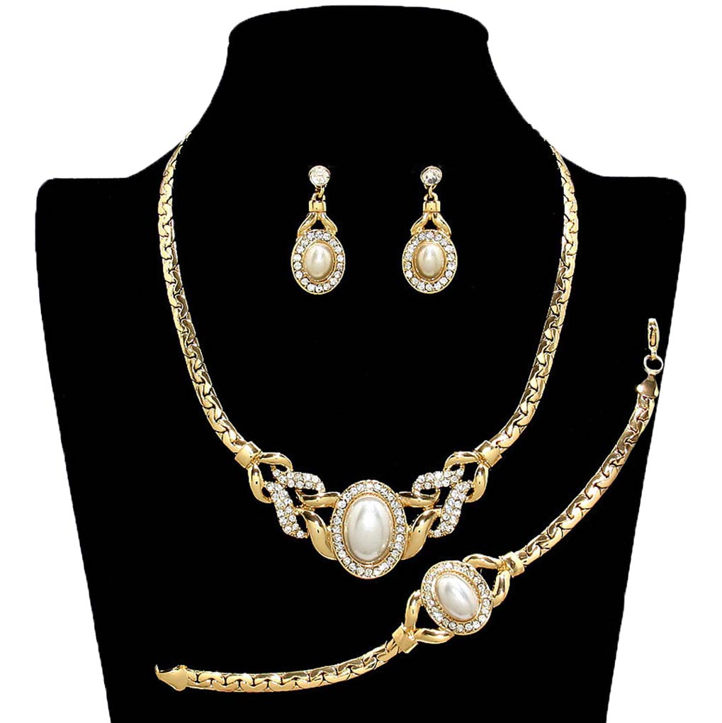 Pearl Accented Rhinestone Necklace Jewelry Set by Madeline Love