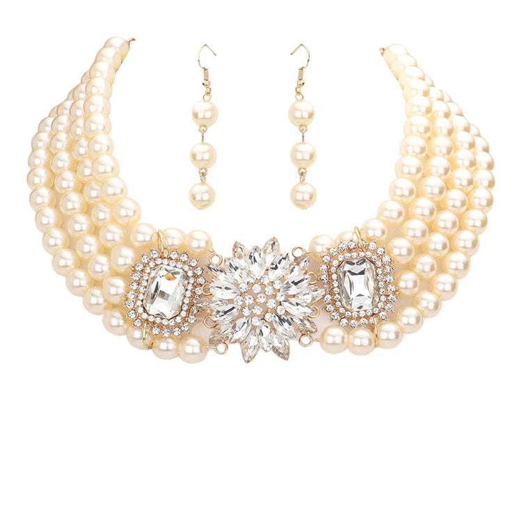 Marquise Flower Rhinestone Pave Accented Pearl Necklace by Madeline Love