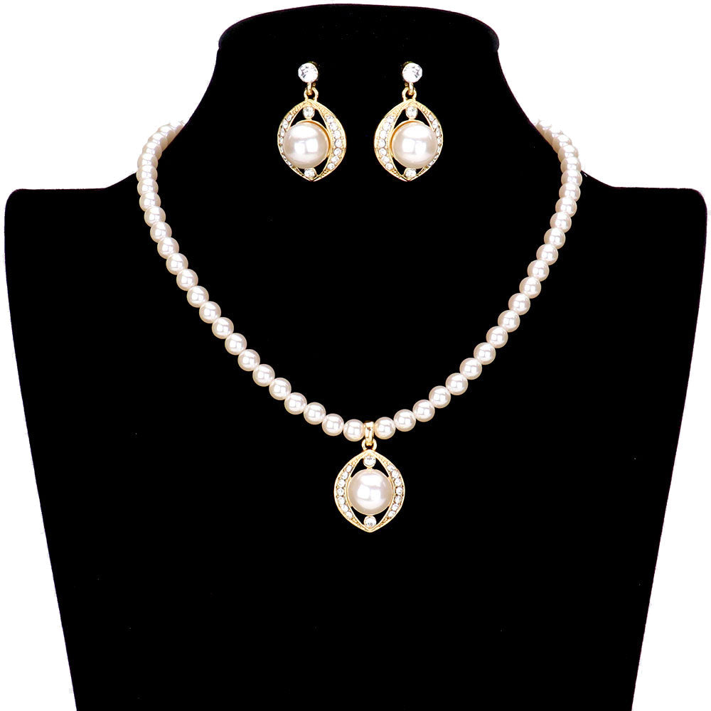 Pearl Centered Rhinestone Embellished Metal Jewelry Set by Madeline Love