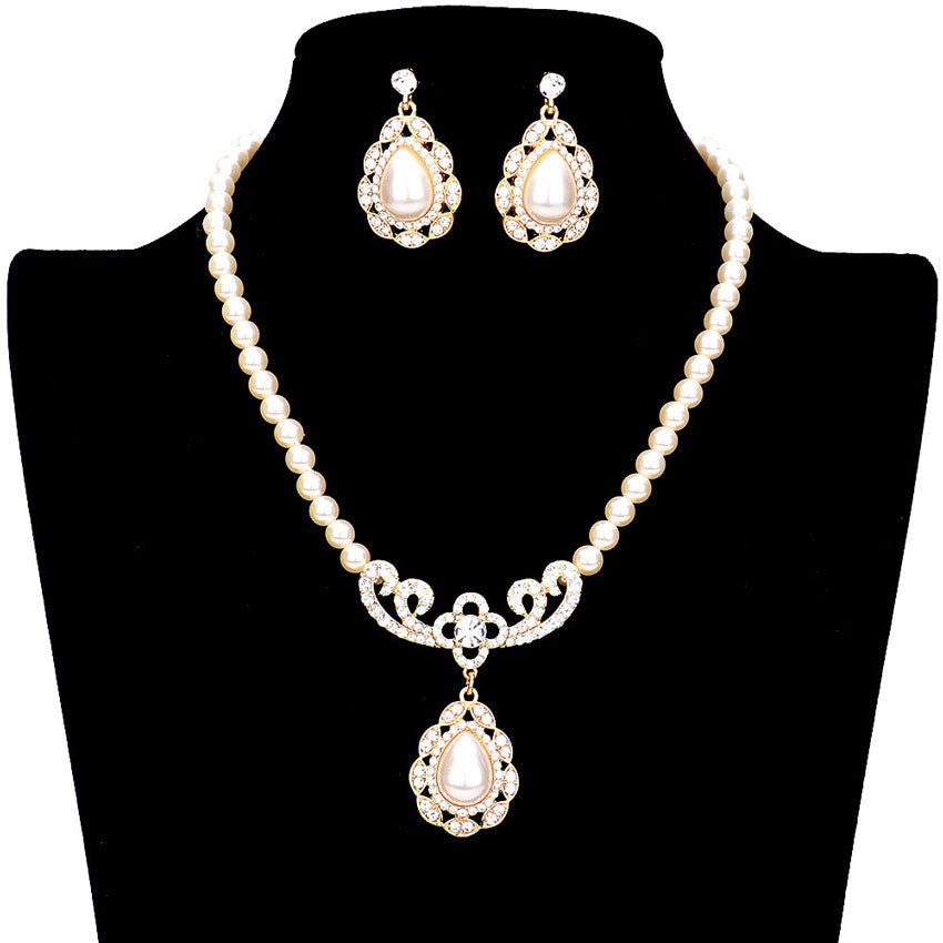 Rhinestone Embellished Teardrop Pearl Accented Necklace by Madeline Love