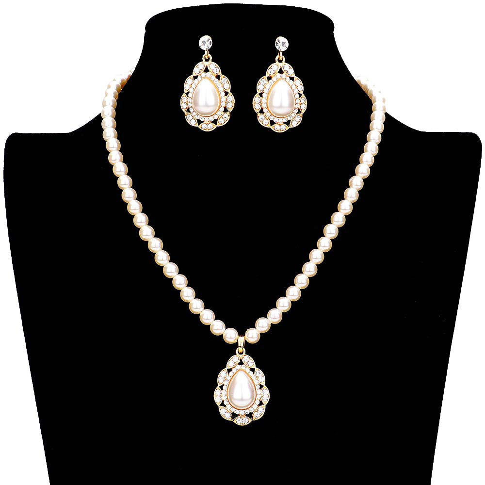 Rhinestone Embellished Teardrop Pearl Accented Necklace by Madeline Love