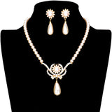 Stone Embellished Metal Pearl Link Necklace Earring Set by Madeline Love