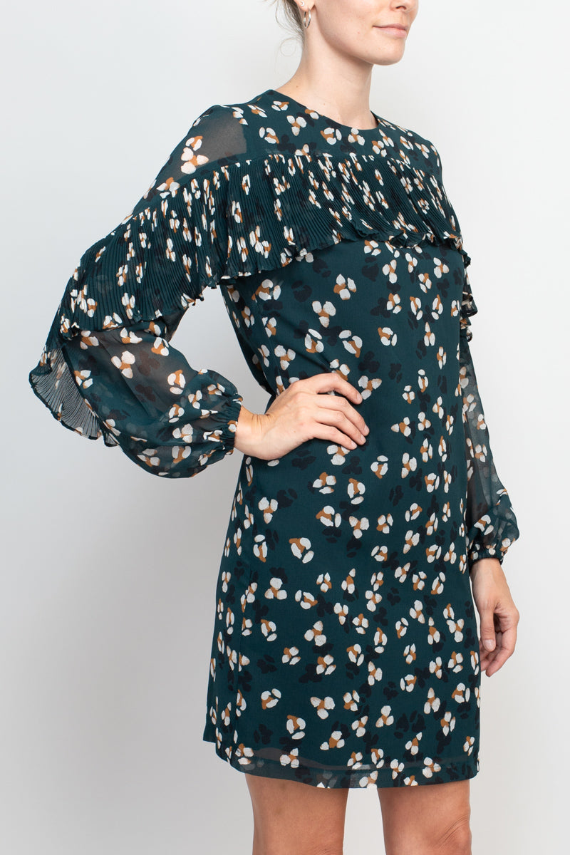 Donna Morgan Crew Neck Ruffle Long Sleeve Zipper Back Multi Print Dress by Curated Brands