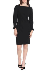 Donna Morgan Crew Neck Circular Flounce Sleeve Zipper Back Solid Crepe Dress by Curated Brands