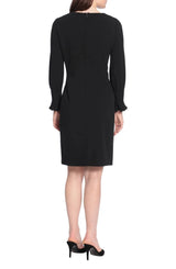 Donna Morgan Crew Neck Circular Flounce Sleeve Zipper Back Solid Crepe Dress by Curated Brands