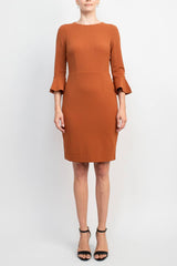 Donna Morgan Crew Neck Circular Flounce Sleeve Zipper Back Solid Crepe Dress by Curated Brands