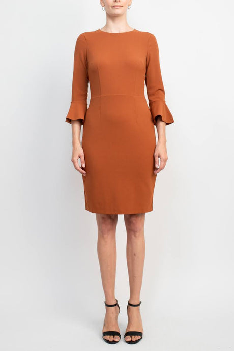 Donna Morgan Crew Neck Circular Flounce Sleeve Zipper Back Solid Crepe Dress by Curated Brands