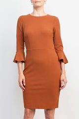 Donna Morgan Crew Neck Circular Flounce Sleeve Zipper Back Solid Crepe Dress by Curated Brands