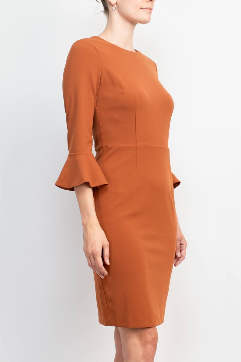 Donna Morgan Crew Neck Circular Flounce Sleeve Zipper Back Solid Crepe Dress by Curated Brands