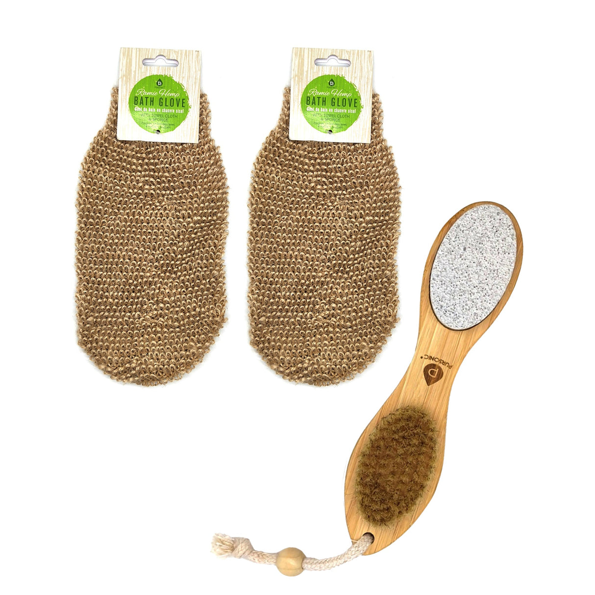 Sisal Hemp Bath Glove, Pack of 2, and 4-in-1 Foot Scrubber Bundle by Pursonic