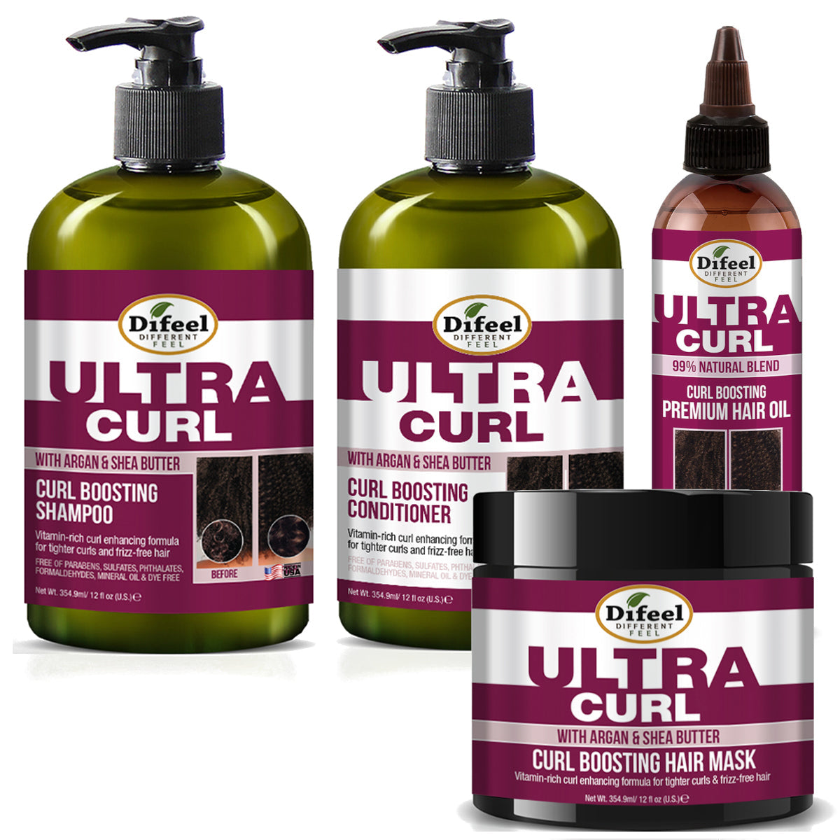 Difeel Ultra Curl 4-PC Curl Enhancing Hair Care Set : Ultra Curl Shampoo 12 oz, Conditioner 12 oz, Hair Mask 12 oz. & Hair Oil 8 oz by difeel - find your natural beauty