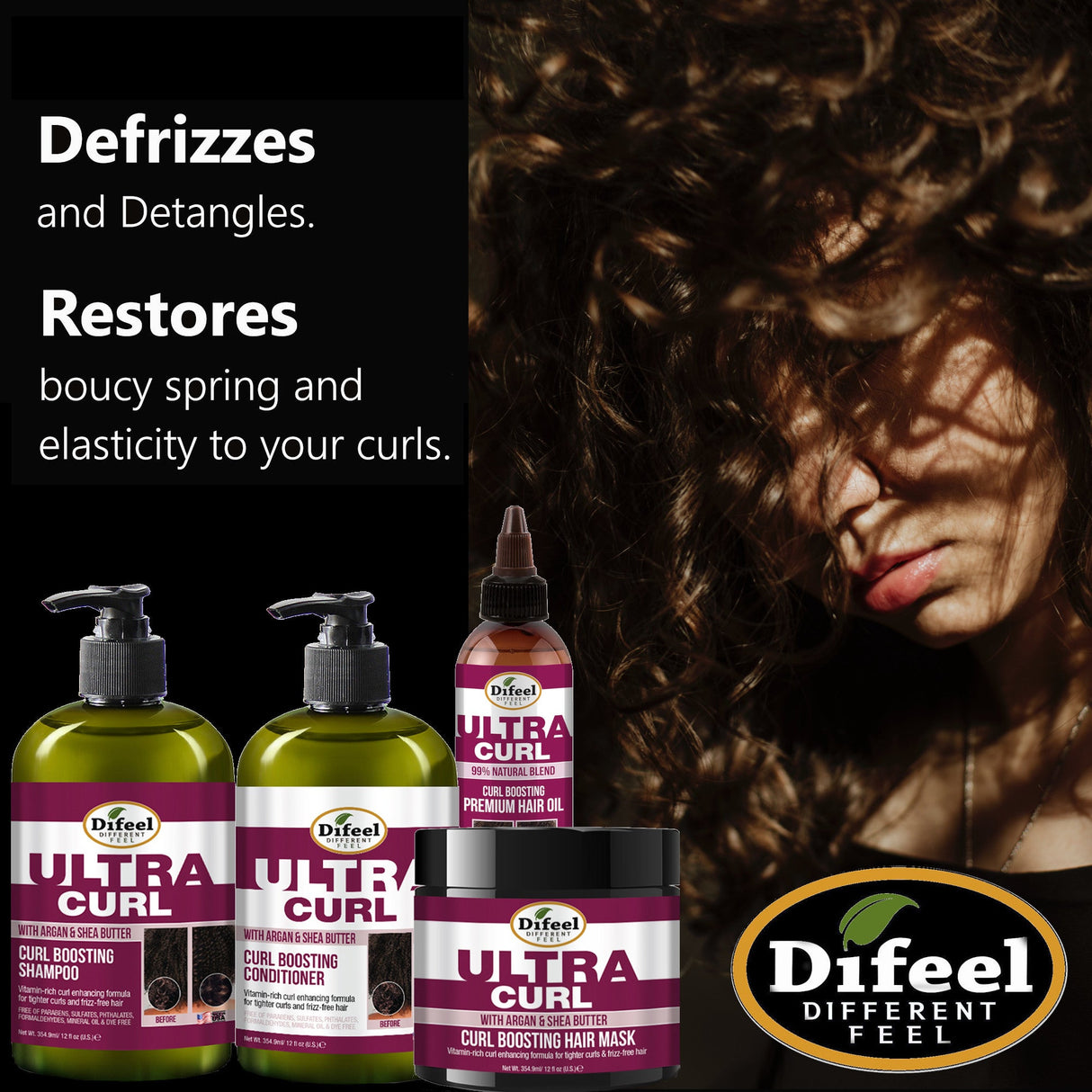 Difeel Ultra Curl 4-PC Curl Enhancing Hair Care Set : Ultra Curl Shampoo 12 oz, Conditioner 12 oz, Hair Mask 12 oz. & Hair Oil 8 oz by difeel - find your natural beauty