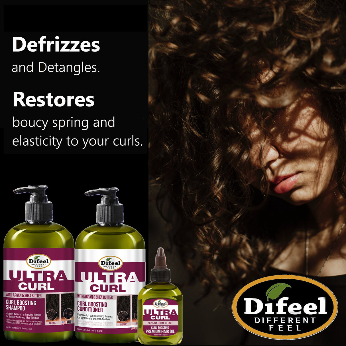 Difeel Ultra Curl 3-PC Curl Boosting Hair Care Set : Ultra Curl Shampoo 12 oz, Conditioner 12 oz. and Hair Oil 2.5 oz. Set by difeel - find your natural beauty