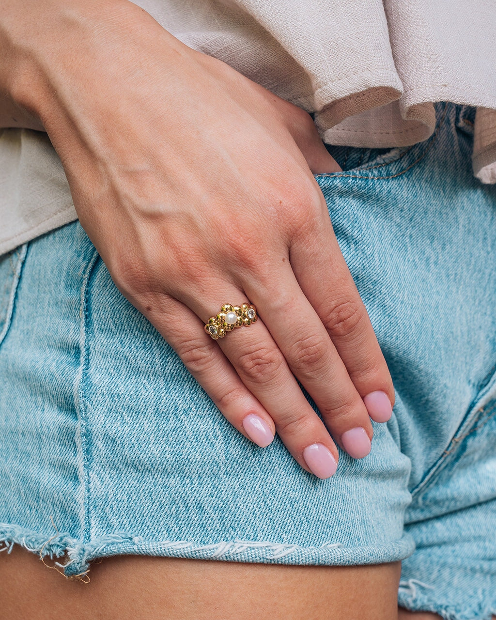 June CZ & Pearl Blossom Open Band Ring by Sterling Forever