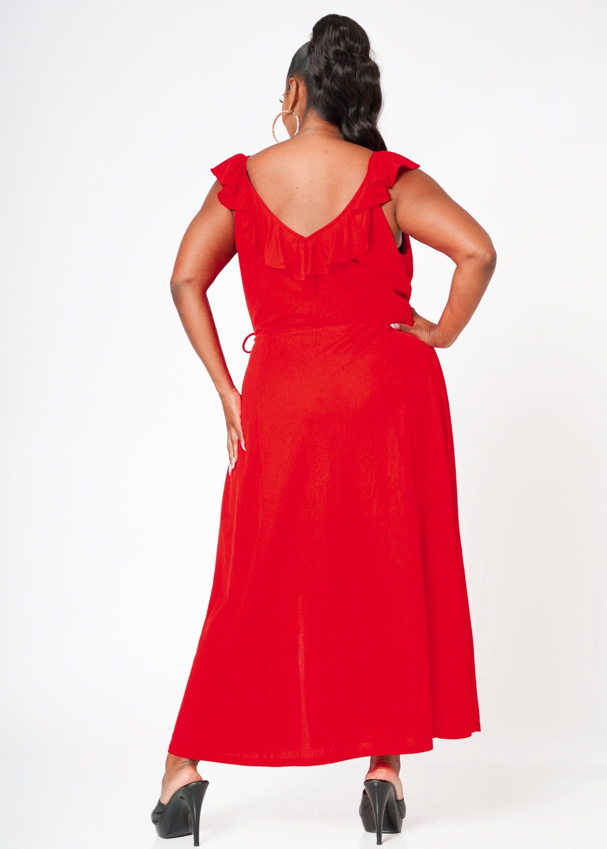 Plus Size Ruffle Trim Wrapped Maxi Dress in Red by Shop at Konus