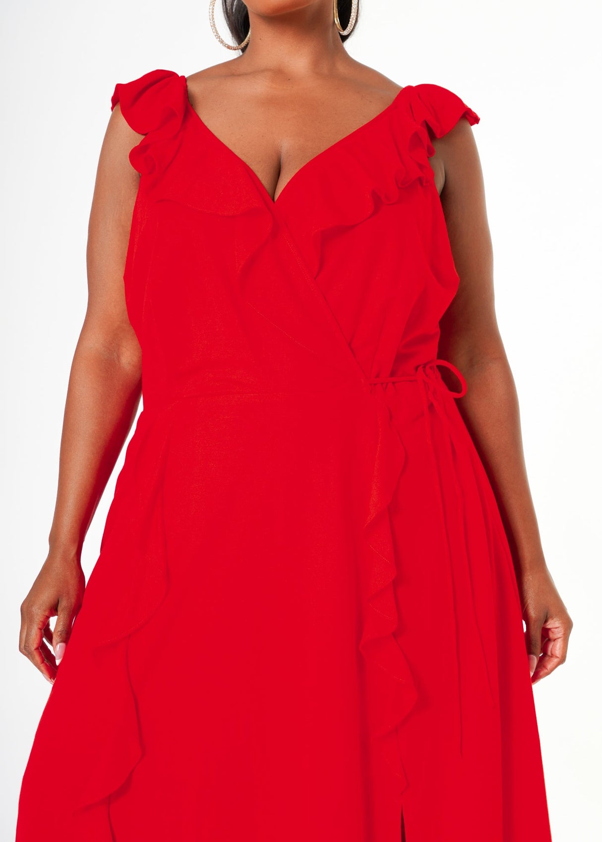 Plus Size Ruffle Trim Wrapped Maxi Dress in Red by Shop at Konus