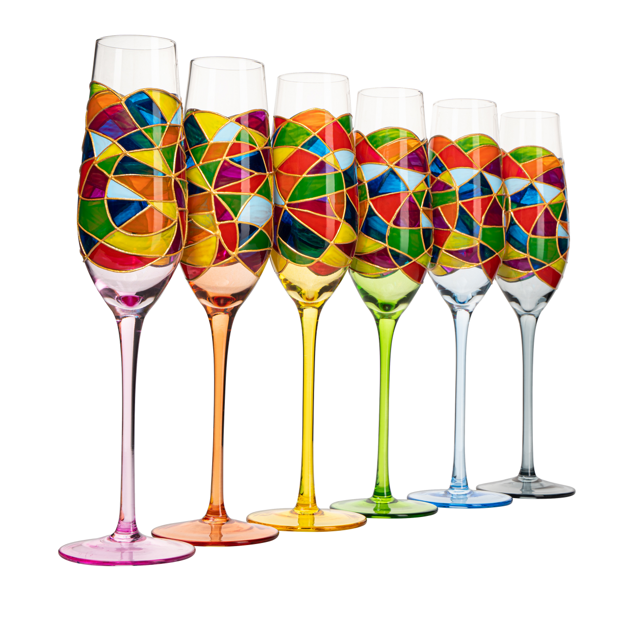 Stained Glass Champagne Flutes Set of 6 Hand Painted - Wine Savant - Hand Blown 7 Ounce Colorful Renaissance Champagne Glasses - 10.2" Tall, 2.7" Diameter Rainbow Multicolor Design Glassware by The Wine Savant