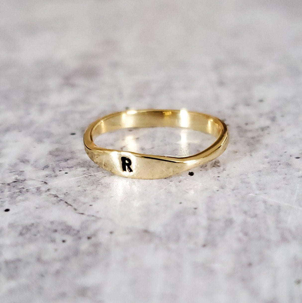 Dainty Gold Initial Ring by Salt and Sparkle