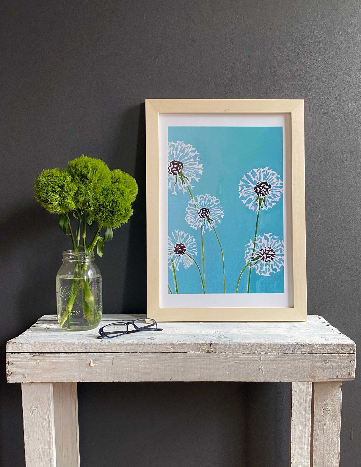 Art Print:  Dandelions on Aqua by India & Purry