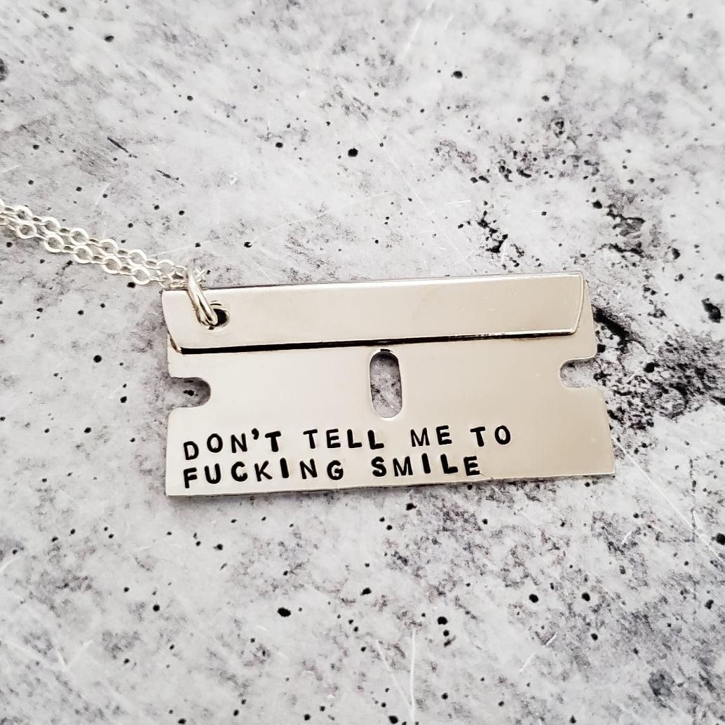 Don't tell me to fucking smile Razor Blade Necklace by Salt and Sparkle