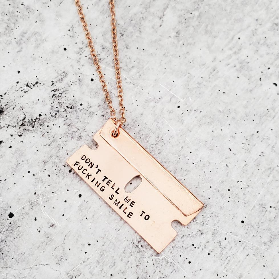 Don't tell me to fucking smile Razor Blade Necklace by Salt and Sparkle