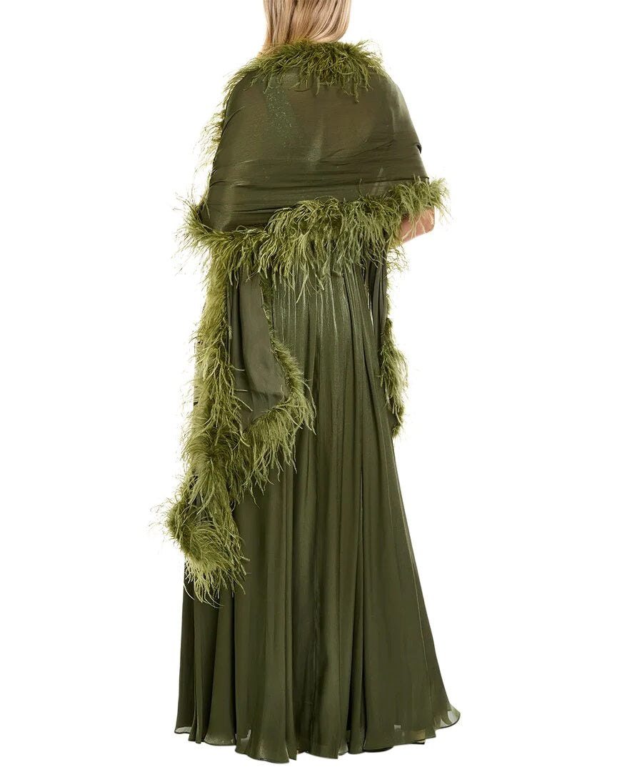 Badgley Mischka Feather Wrap sequin gown by Curated Brands