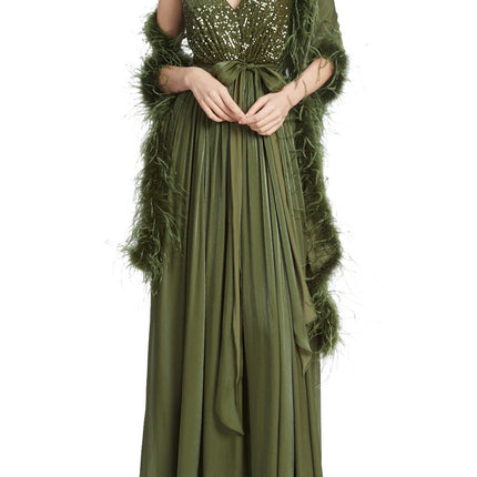 Badgley Mischka Feather Wrap sequin gown by Curated Brands