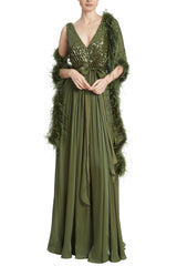 Badgley Mischka Feather Wrap sequin gown by Curated Brands