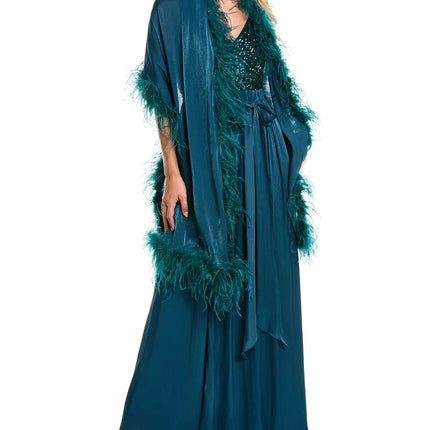 Badgley Mischka Feather Wrap sequin gown by Curated Brands