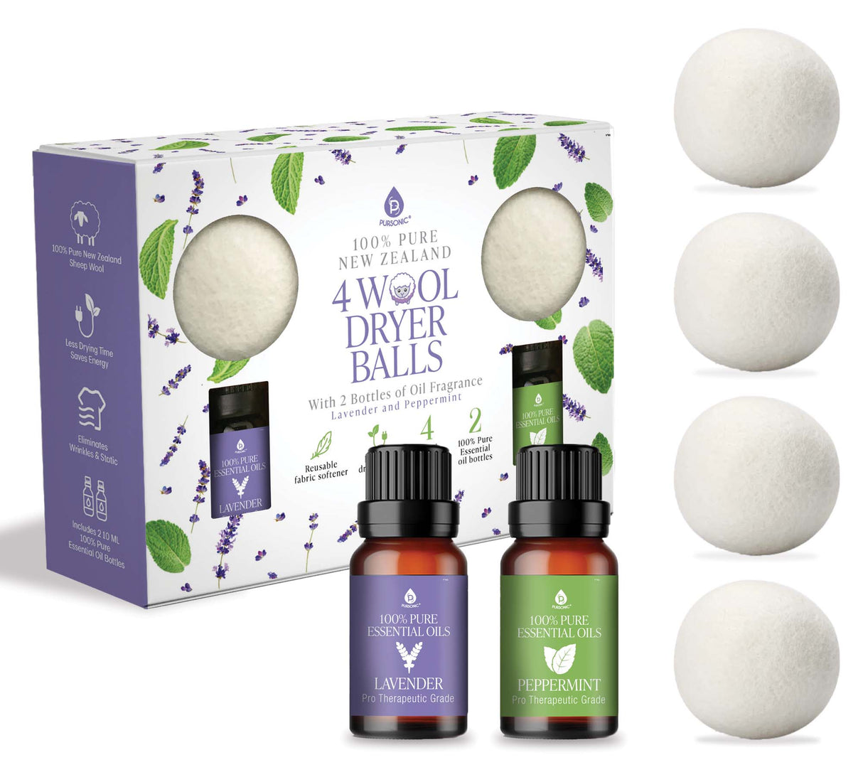 Wool Dryer Balls Bundle - Reusable Laundry Balls Made from Pure New Zealand Wool - Includes Lavender & Peppermint Oils by Pursonic