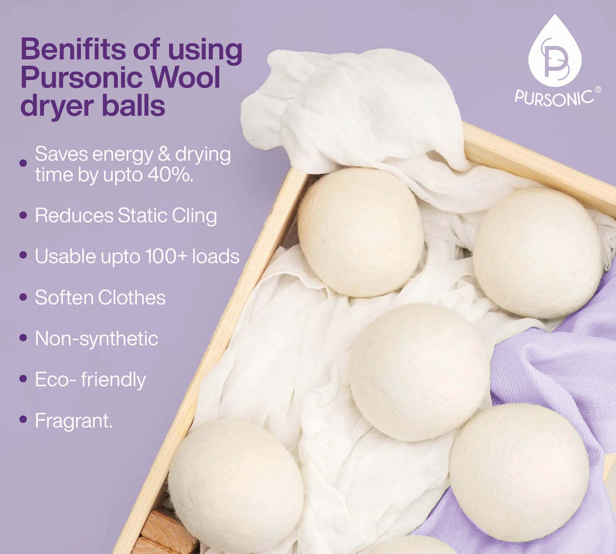 Wool Dryer Balls Bundle - Reusable Laundry Balls Made from Pure New Zealand Wool - Includes Lavender & Peppermint Oils by Pursonic