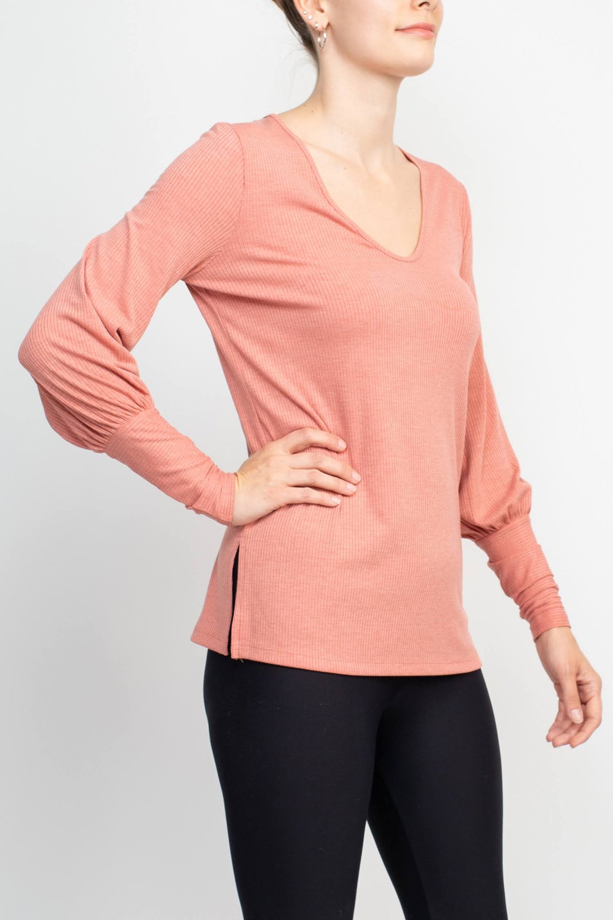 Ellen Tracy Scoop Neck Blouson Long Sleeve Solid Knit Jersey Top by Curated Brands