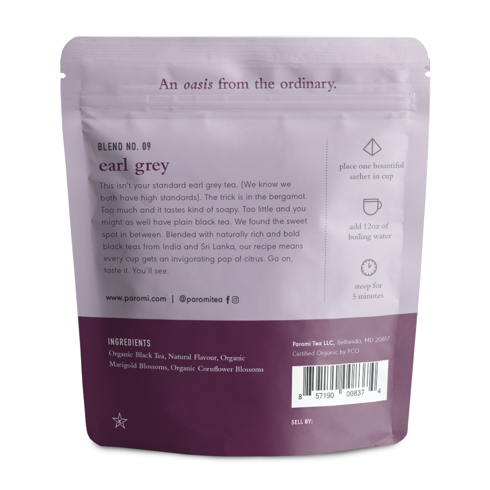 Organic Earl Grey Black Tea, Full Leaf, in Pyramid Tea Bags by Paromi Tea