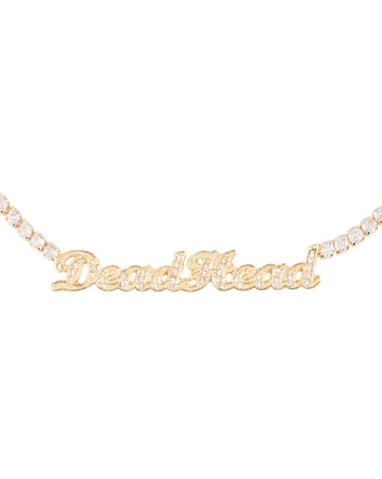 Dead Head Rhinestone Nameplate Necklace by Meghan Fabulous