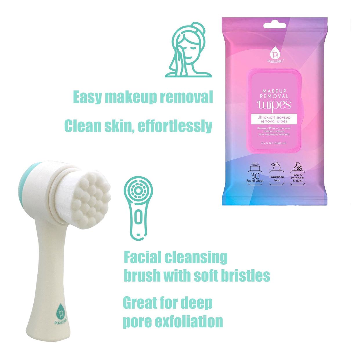 Radiant Beauty Bundle: Dual Sided Facial Cleansing Brush & Makeup Removal Wipes (12 Pack) by Pursonic