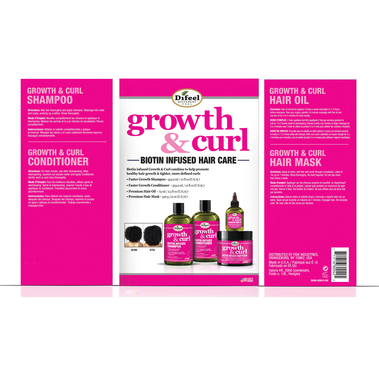 Difeel Growth & Curl Biotin Hair Care Collection 4-PC Gift Box - Includes Faster Growth Shampoo 12oz, Conditioner 12 oz, Hair Mask 12oz and Hair Oil 2.5oz by difeel - find your natural beauty